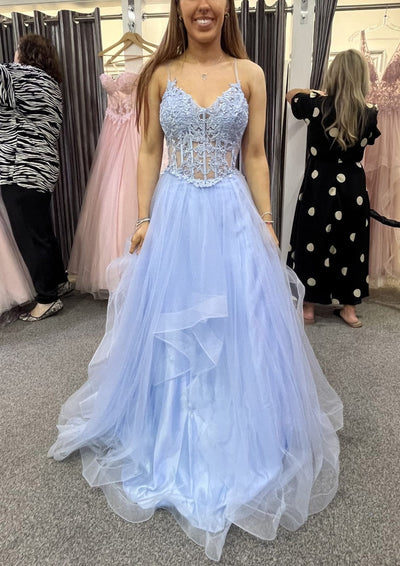 V Neck Lace Corset Horsehair Sky Blue Tulle Prom Dress