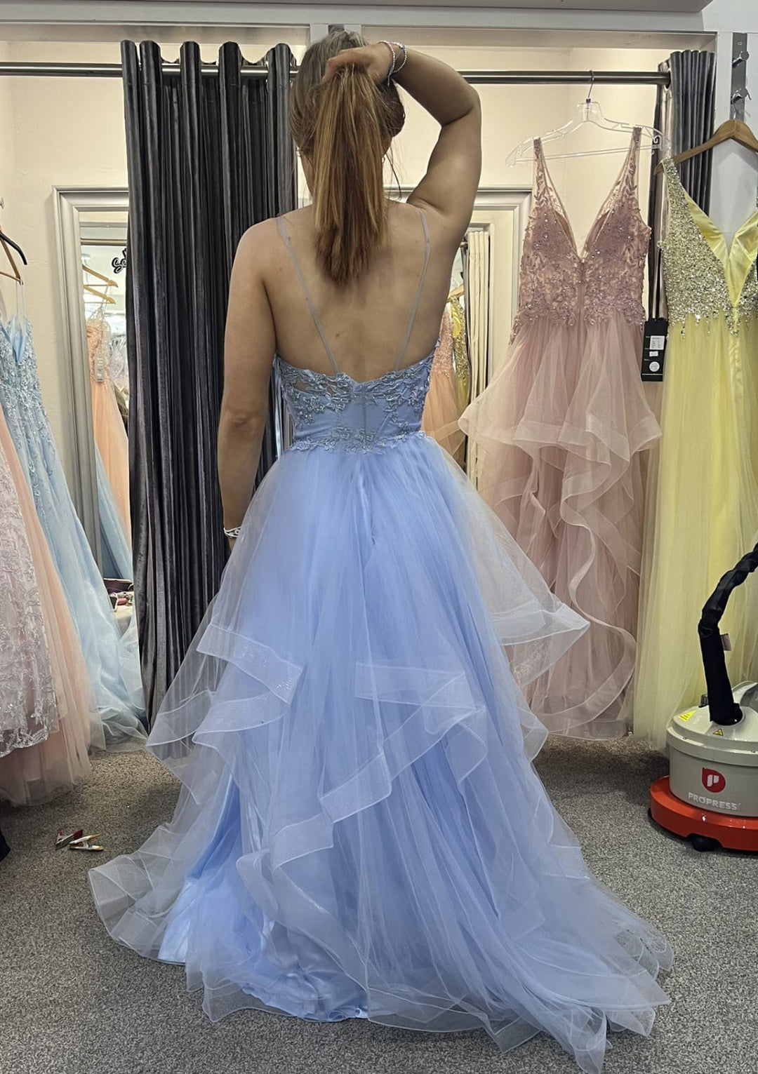 V Neck Lace Corset Horsehair Sky Blue Tulle Prom Dress Evening Gown Misdress