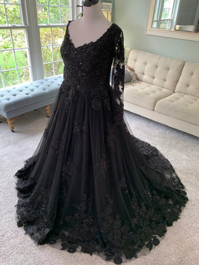 V Neck Long Sleeve Ballgown Black Lace Tulle Gothic Wedding