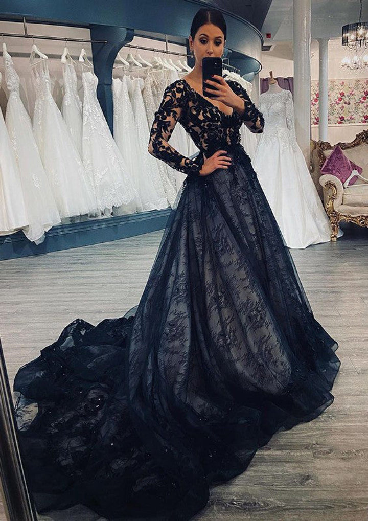 V Neck Long Sleeve Chapel Train Black Lace Wedding Dress V Neck Long Sleeve Chapel Train Black Lace Wedding Dress