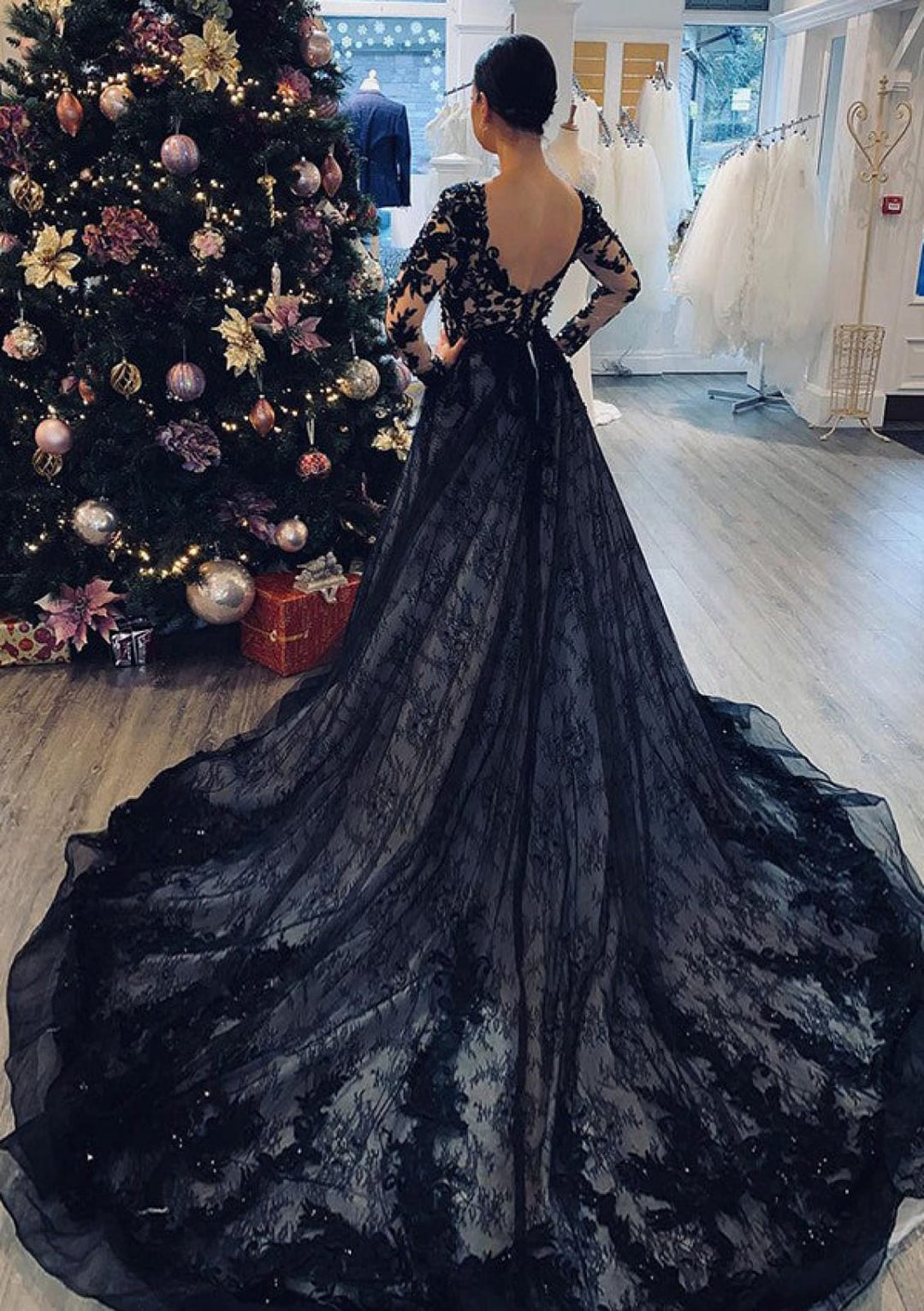 V Neck Long Sleeve Chapel Train Black Lace Wedding Dress V Neck Long Sleeve Chapel Train Black Lace Wedding Dress