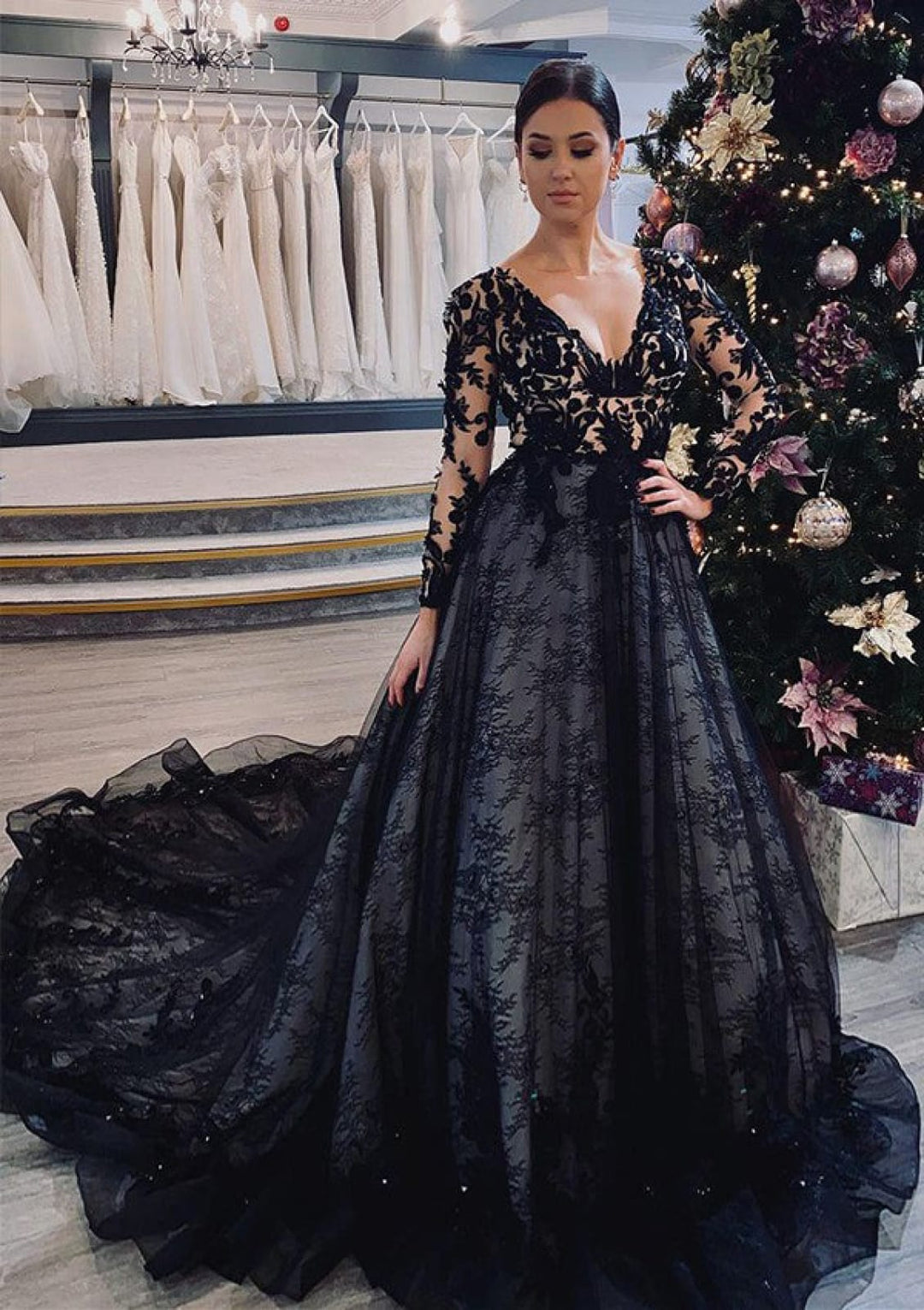 V Neck Long Sleeve Chapel Train Black Lace Wedding Dress| Misdress