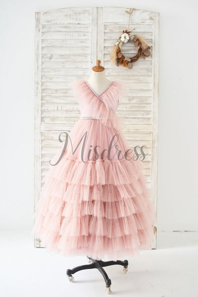 V Neck Mauve Tulle Cupcake Wedding Flower Girl Dress Kids Party Dress - 2T