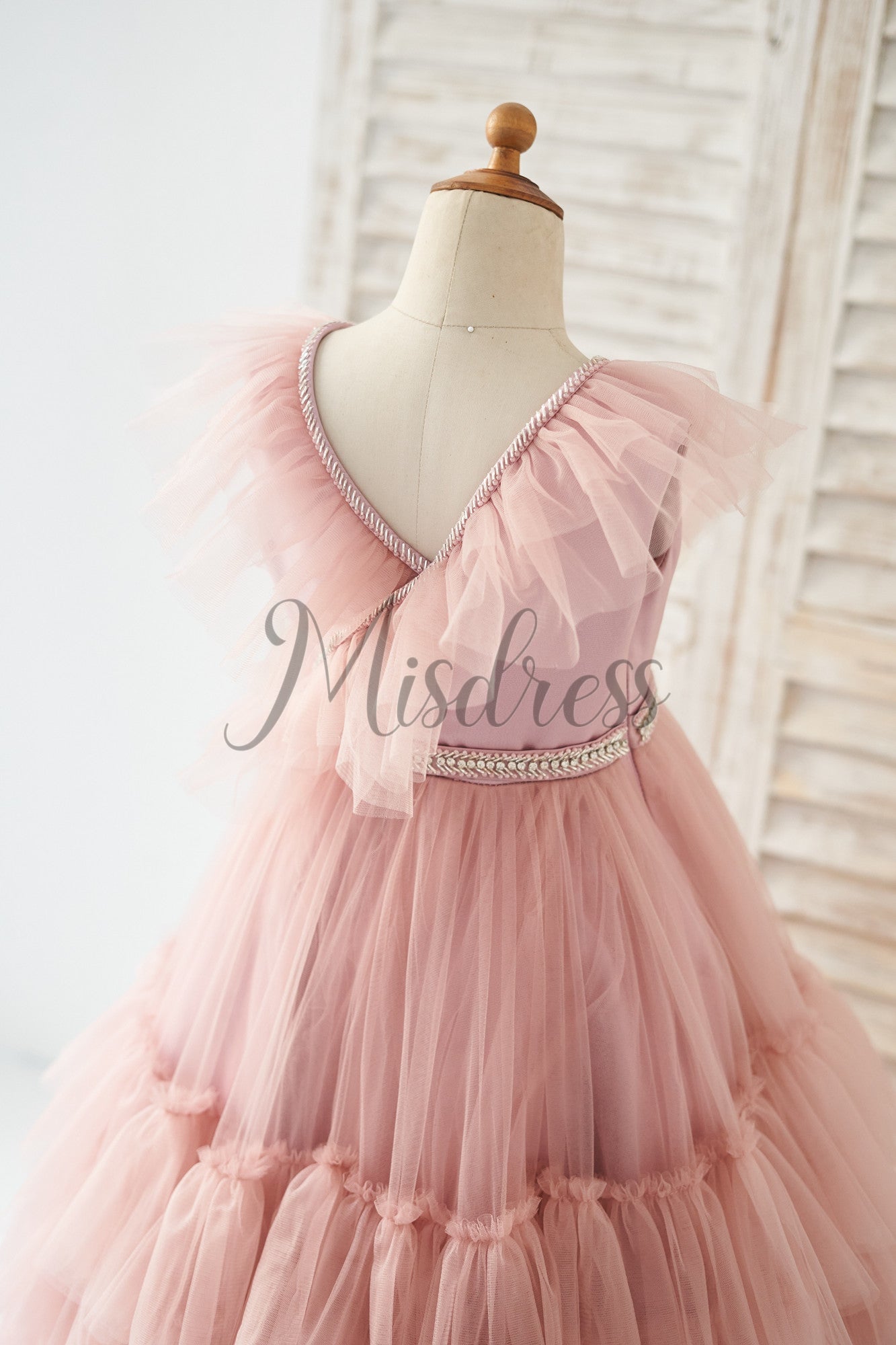 V Neck Mauve Tulle Cupcake Wedding Flower Girl Dress Kids Party Dress