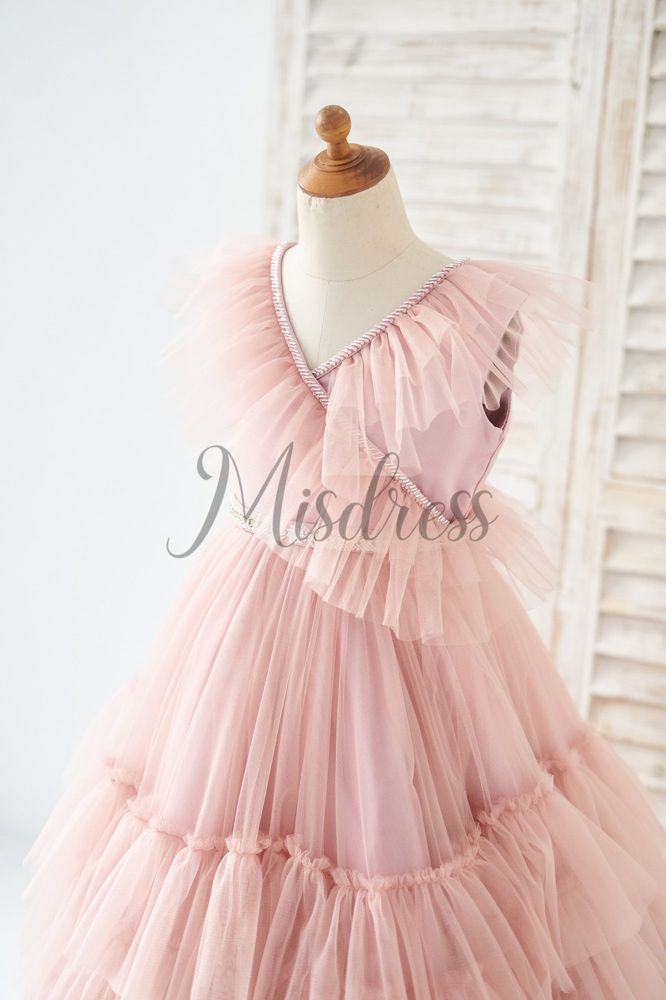 V Neck Mauve Tulle Cupcake Wedding Flower Girl Dress Kids Party Dress