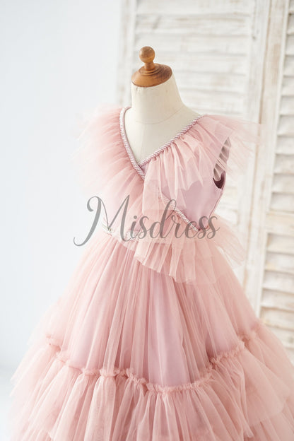 V Neck Mauve Tulle Cupcake Wedding Flower Girl Dress Kids Party Dress