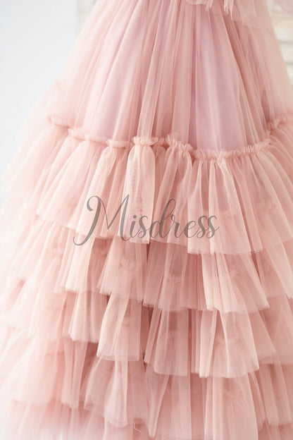 V Neck Mauve Tulle Cupcake Wedding Flower Girl Dress Kids Party Dress