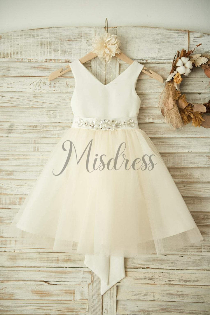 V Neck Ivory Satin Champagne Tulle Wedding Flower Girl Dress with Beaded Belt - 1T --- Chest = 20 inches/ Waist = 19 inches/ Hollow to knee