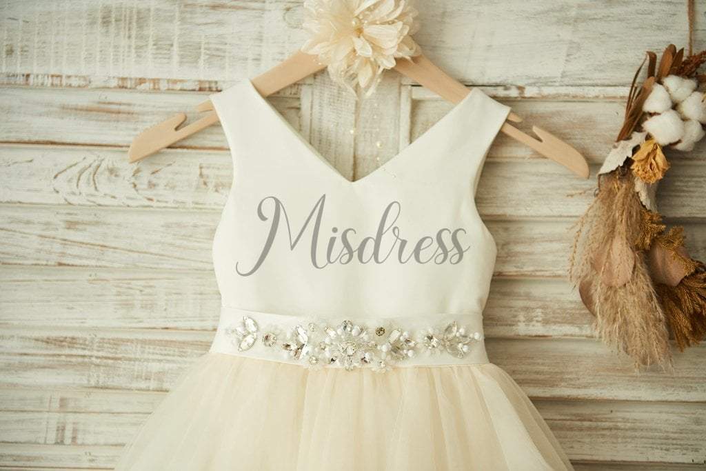 V Neck Ivory Satin Champagne Tulle Wedding Flower Girl Dress, Beaded Belt main image 0