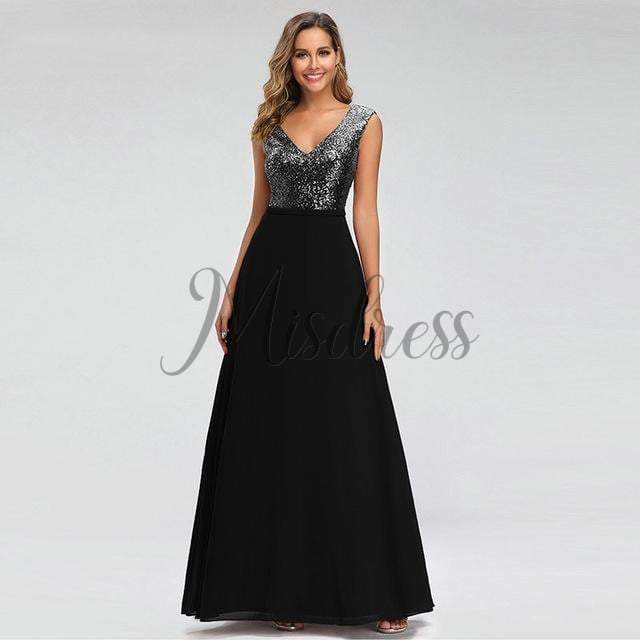 V Neck Sequin Chiffon Wedding Bridesmaid Evening Prom Dress - 2 / Black - Prom Dresses