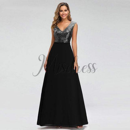 V Neck Sequin Chiffon Wedding Bridesmaid Evening Prom Dress - 2 / Black - Prom Dresses