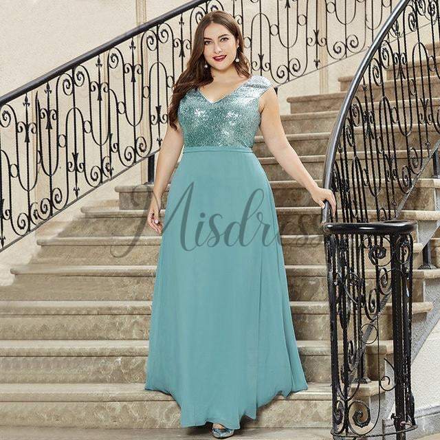 V Neck Sequin Chiffon Wedding Bridesmaid Evening Prom Dress - 2 / Blue - Prom Dresses
