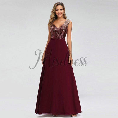 V Neck Sequin Chiffon Wedding Bridesmaid Evening Prom Dress - 2 / Burgundy - Prom Dresses