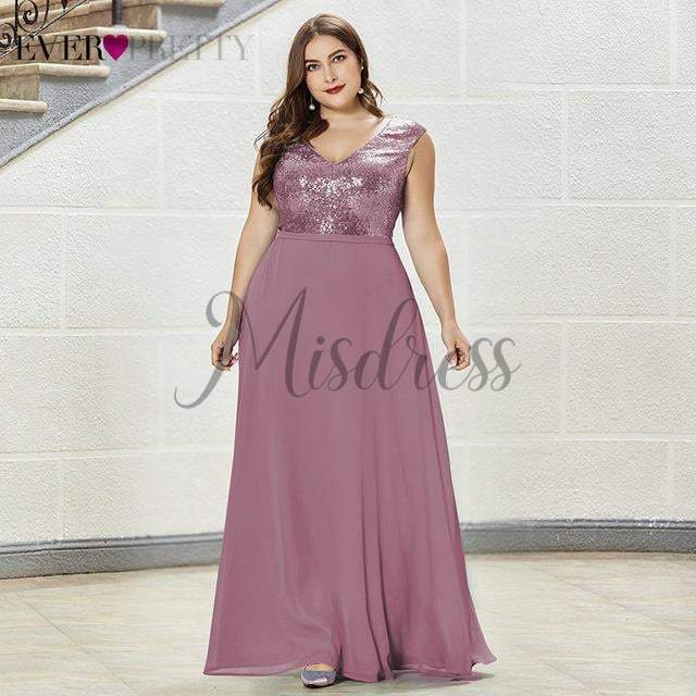 V Neck Sequin Chiffon Wedding Bridesmaid Evening Prom Dress - 2 / Dusty Pink - Prom Dresses