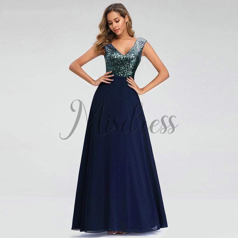 V Neck Sequin Chiffon Wedding Bridesmaid Evening Prom Dress - 2 / Navy Blue - Prom Dresses