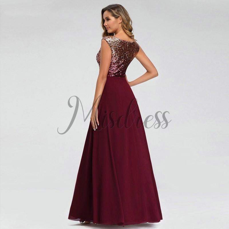 V Neck Sequin Chiffon Wedding Bridesmaid Evening Prom Dress - Prom Dresses