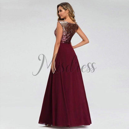 V Neck Sequin Chiffon Wedding Bridesmaid Evening Prom Dress - Prom Dresses