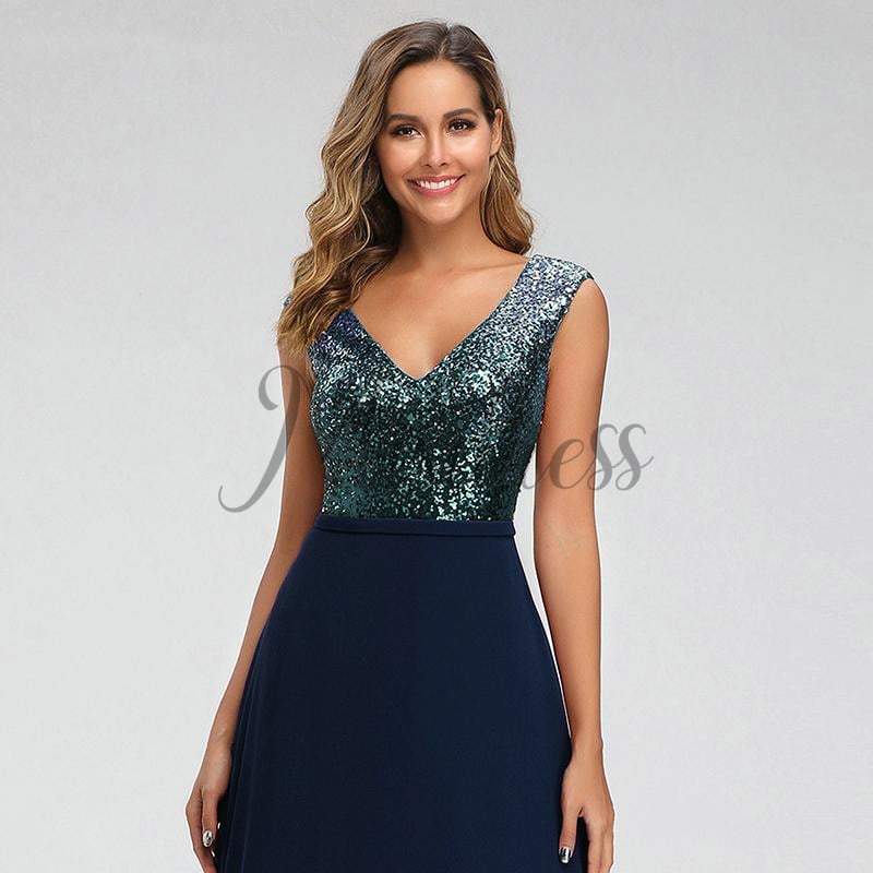 V Neck Sequin Chiffon Wedding Bridesmaid Evening Prom Dress - Prom Dresses