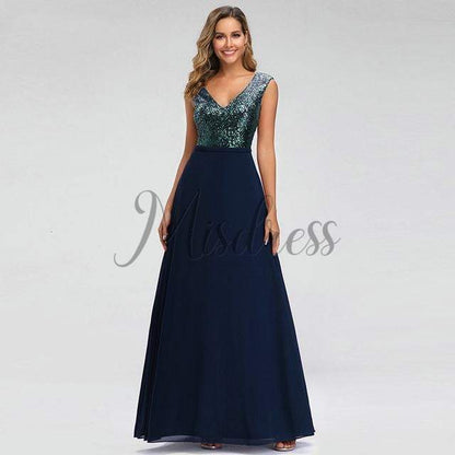 V Neck Sequin Chiffon Wedding Bridesmaid Evening Prom Dress - Prom Dresses