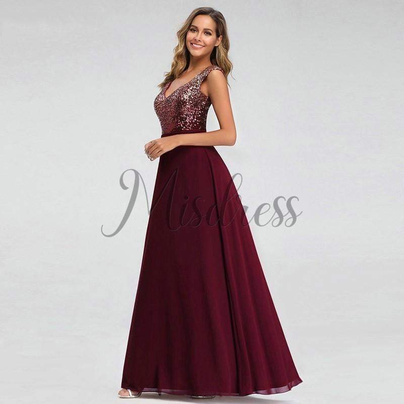 V Neck Sequin Chiffon Wedding Bridesmaid Evening Prom Dress - Prom Dresses
