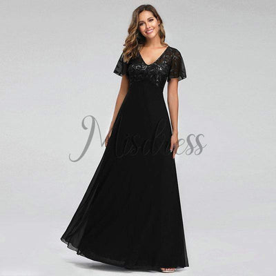 V Neck Short Sleeves Empire Waist Sequin Chiffon Evening Party Dress - 2 / Black - Prom Dresses