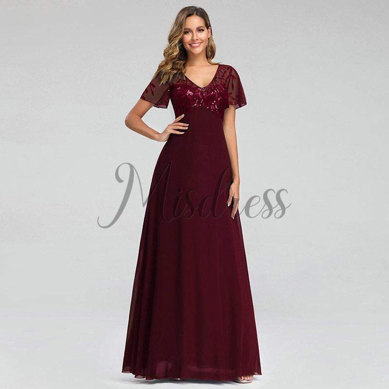 V Neck Short Sleeves Empire Waist Sequin Chiffon Evening Party Dress - 2 / Burgundy - Prom Dresses