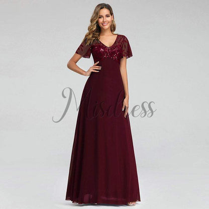 V Neck Short Sleeves Empire Waist Sequin Chiffon Evening Party Dress - 2 / Burgundy - Prom Dresses