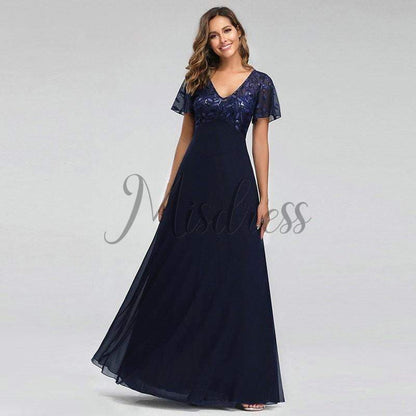 V Neck Short Sleeves Empire Waist Sequin Chiffon Evening Party Dress - 2 / Navy Blue - Prom Dresses