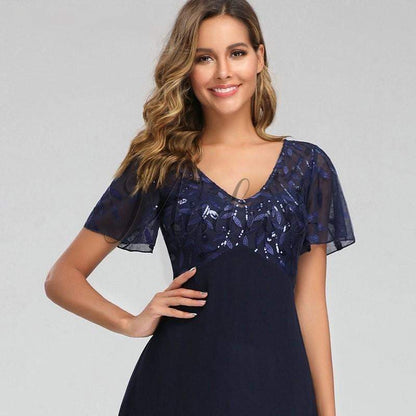 V Neck Short Sleeves Empire Waist Sequin Chiffon Evening Party Dress - Prom Dresses