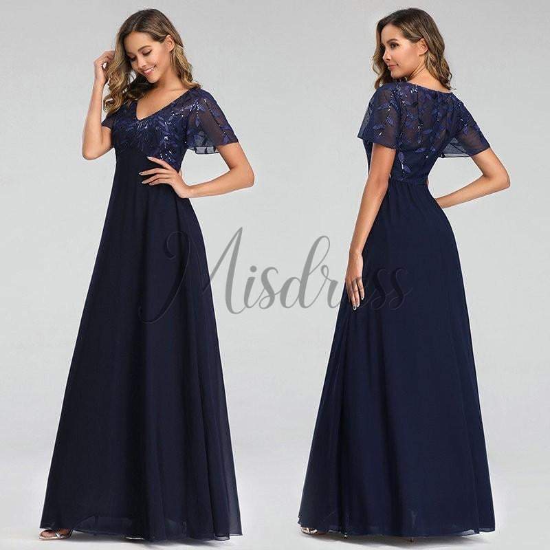 V Neck Short Sleeves Empire Waist Sequin Chiffon Evening Party Dress - Prom Dresses