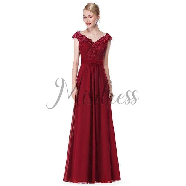 V neck Cap Sleeves Chiffon Lace Evening Dress Prom Party Dress - 2 / Burgundy - Prom Dresses