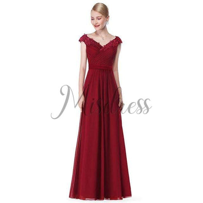 V neck Cap Sleeves Chiffon Lace Evening Dress Prom Party Dress - 2 / Burgundy - Prom Dresses