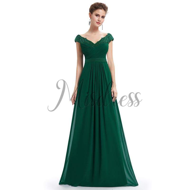V neck Cap Sleeves Chiffon Lace Evening Dress Prom Party Dress - 2 / Dark Green - Prom Dresses