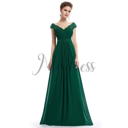 V neck Cap Sleeves Chiffon Lace Evening Dress Prom Party Dress - 2 / Dark Green - Prom Dresses