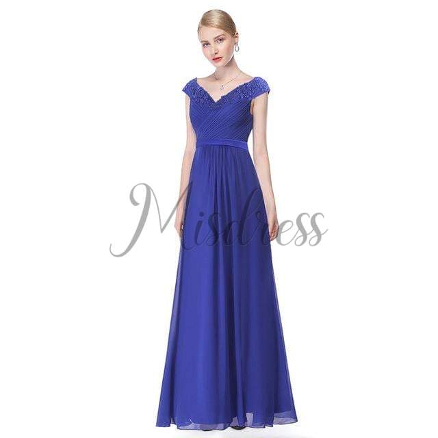 V neck Cap Sleeves Chiffon Lace Evening Dress Prom Party Dress - 2 / Sapphire Blue - Prom Dresses