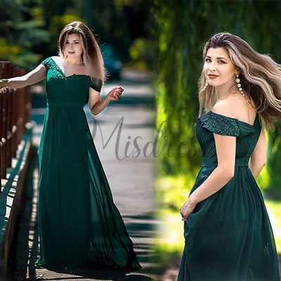 V neck Cap Sleeves Chiffon Lace Evening Dress Prom Party Dress - Prom Dresses