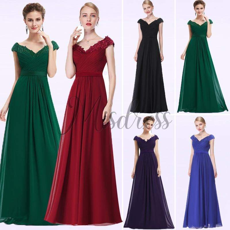 V neck Cap Sleeves Chiffon Lace Evening Dress Prom Party Dress - Prom Dresses