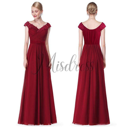 V neck Cap Sleeves Chiffon Lace Evening Dress Prom Party Dress - Prom Dresses