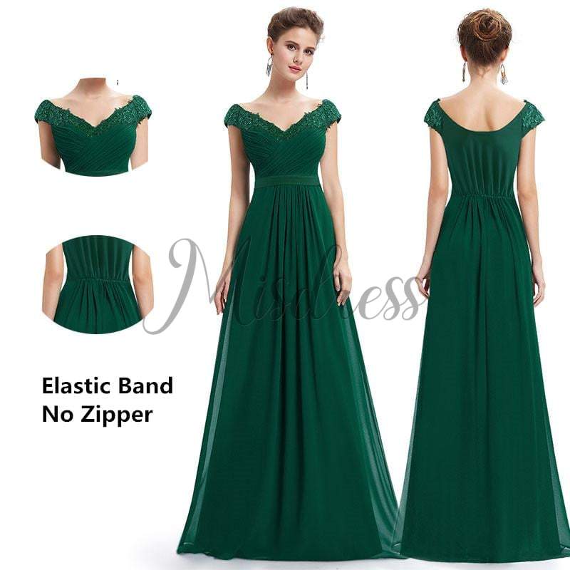 V neck Cap Sleeves Chiffon Lace Evening Dress Prom Party Dress - Prom Dresses