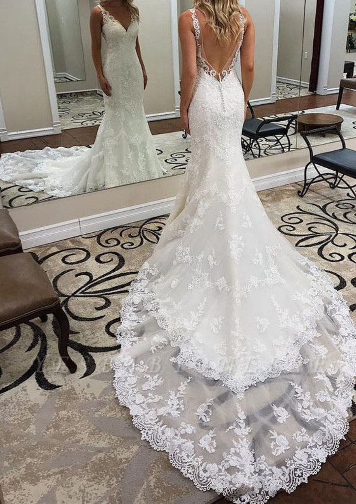 sleeveless bridal dress V Neck Sleeveless Chapel Train Lace Mermaid Bridal Gown Wedding Dress