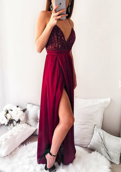 A-line V Neck Spaghetti Strap Cross Back Long Chiffon Split 