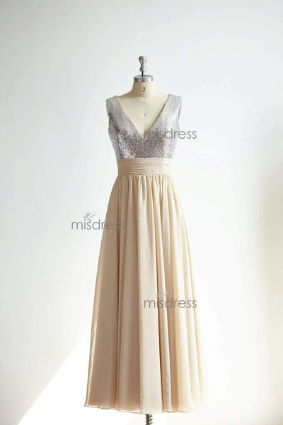 V Neckline Sliver Sequin Champagne Chiffon Wedding Bridesmaid Dresses - Bridesmaid Dresses