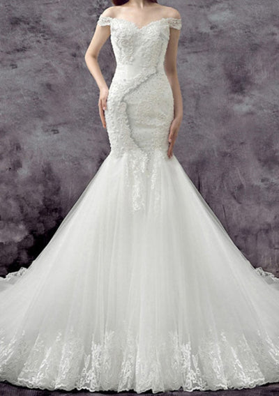 Off Shoulder Chapel Beaded Lace Tulle Mermaid Wedding Dress 