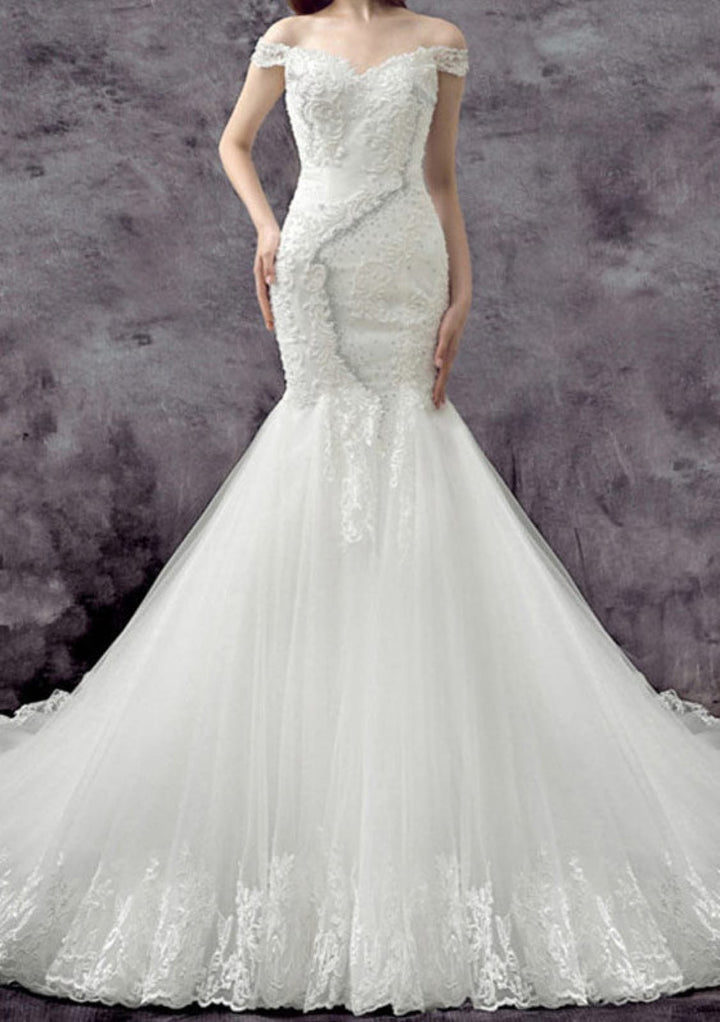 Off Shoulder Chapel Beaded Lace Tulle Mermaid Drop Waist Wedding Dress