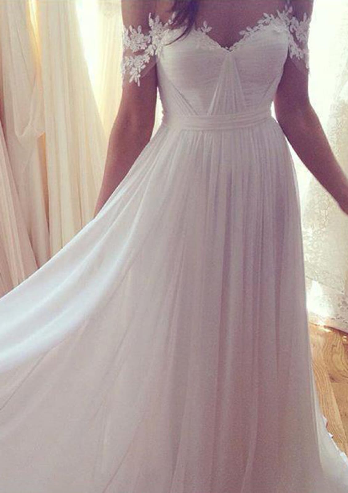 Off Shoulder Chiffon Pleats A-line Long Bridal Gown Wedding 