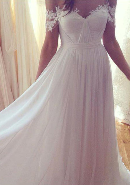 Off Shoulder Chiffon Pleats A-line Long Bridal Gown Wedding 