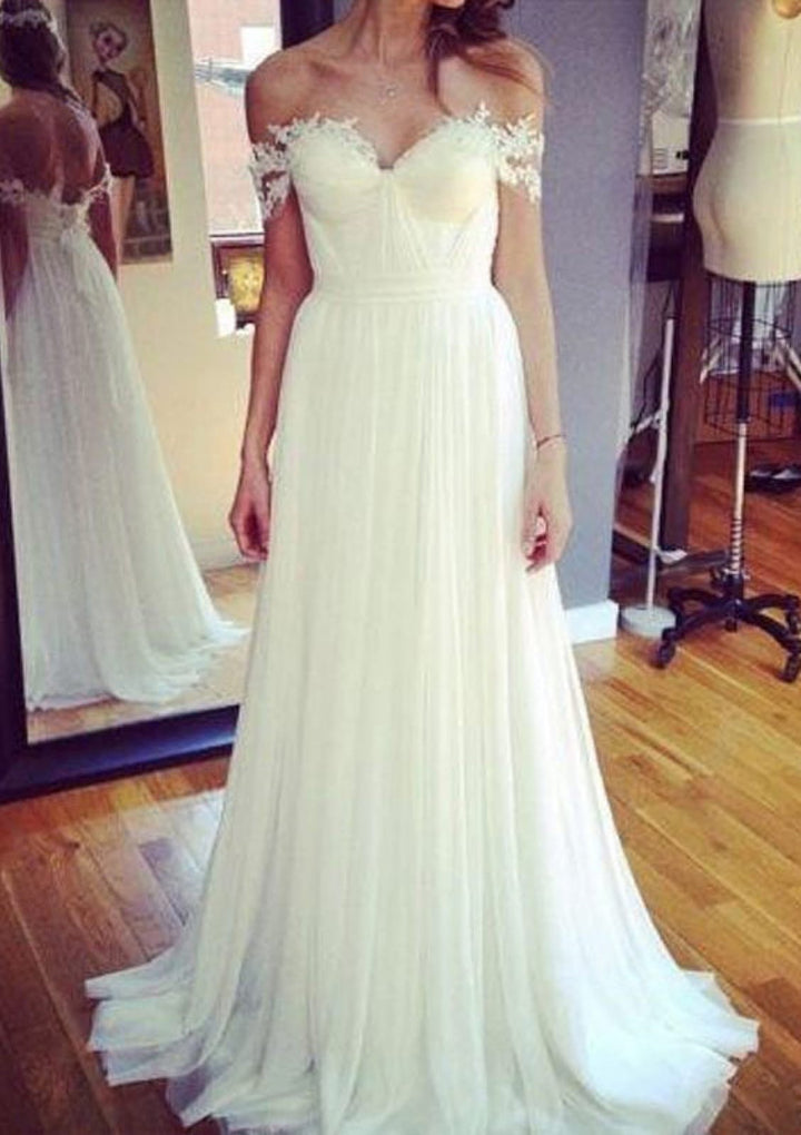 Off Shoulder Chiffon Pleats A-line Long Bridal Gown Wedding 