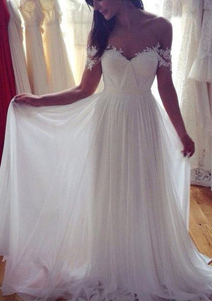 Off Shoulder Chiffon Pleats A-line Long Bridal Gown Wedding 