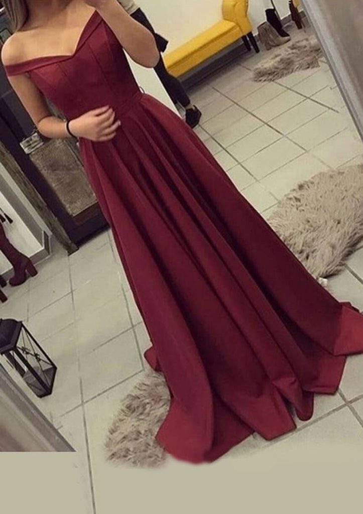 off shoulder elastic dress Off Shoulder Elastic Satin V-Neck Sweep Train A-line Evening Prom Dress