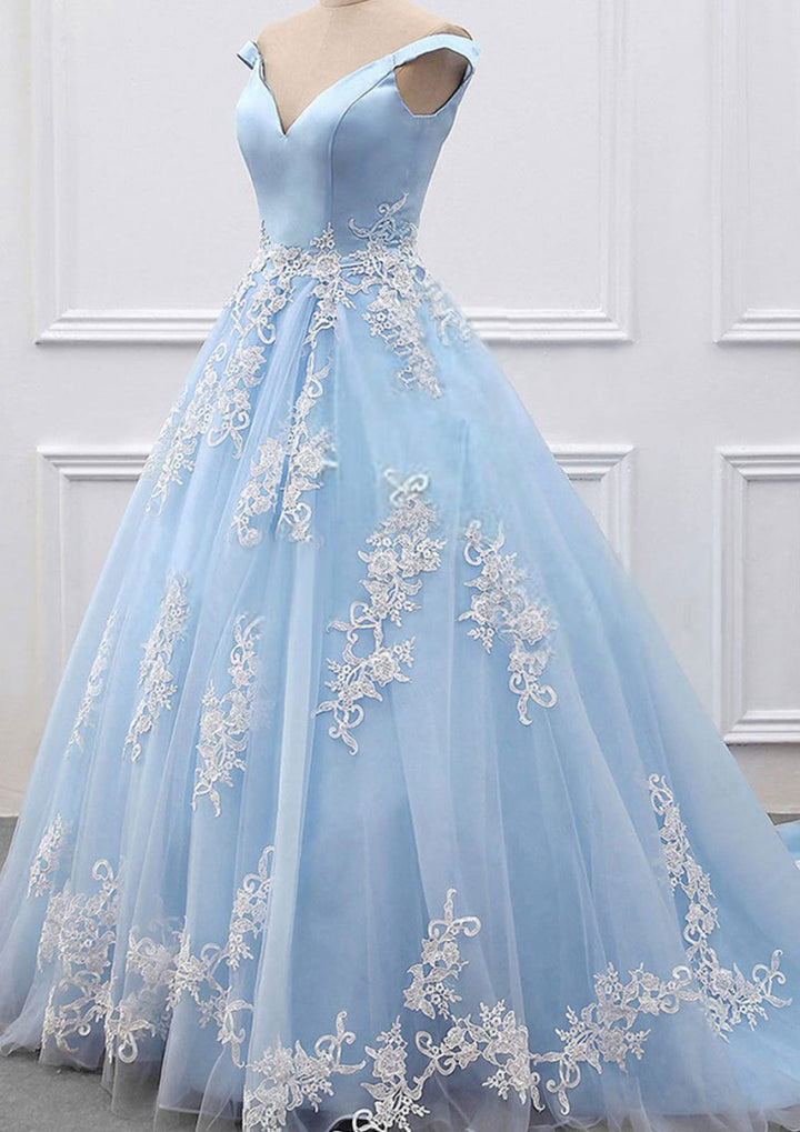 Off Shoulder V Neck Ball Gown Court Sky Blue Satin Tulle Prom